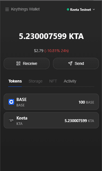 Keythings Wallet dashboard overview