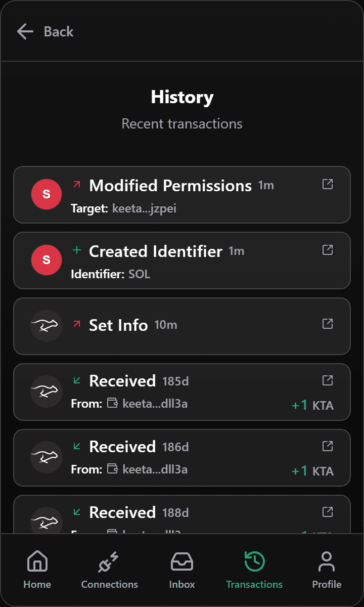 Transaction history reconciled against the Keeta Network