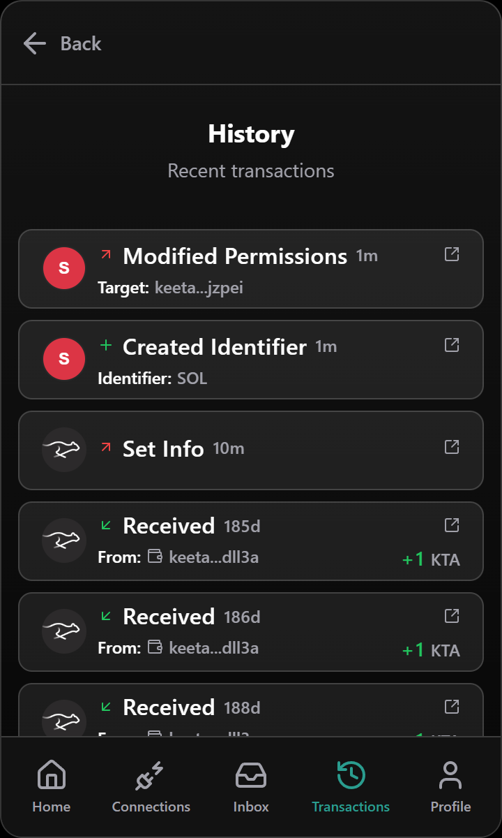 Transaction history reconciled against the Keeta Network